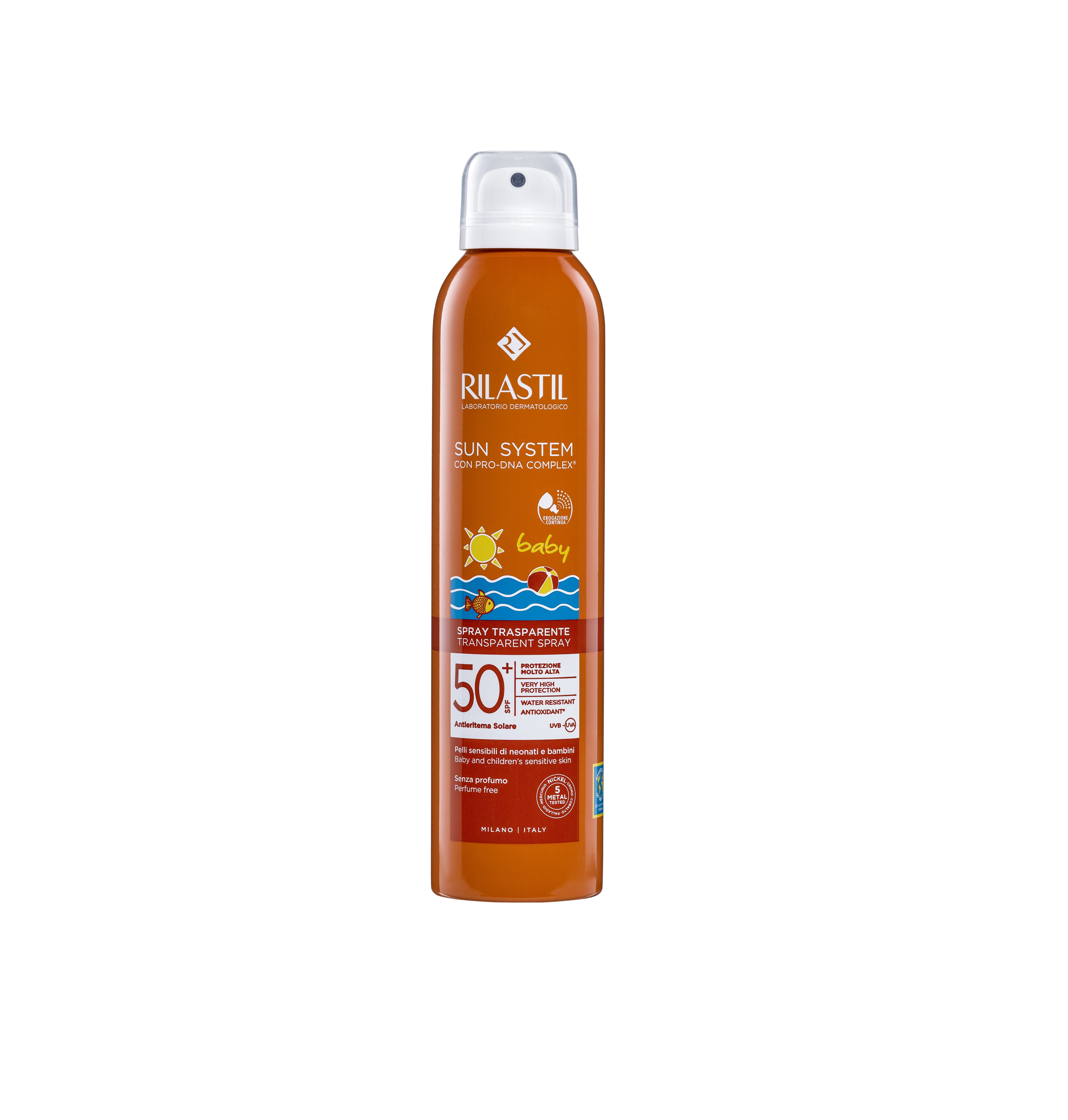 Rilastil Sun System Baby Transparent Spray SPF50+, Spray Corpo Bambini Trasparente, Pelli Delicate, Resistente All' Acqua, Senza Profumo, 200 Ml
